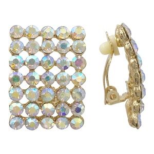 AB Iridescent Rhinestone Bar Formal Silver Tone Clip On Earrings